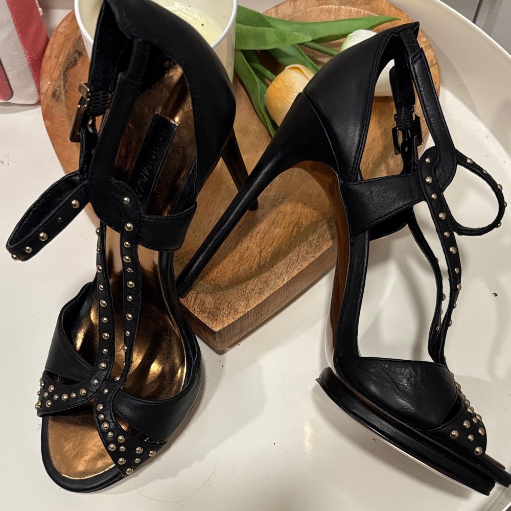 BCBGMaxAzria Black and Gold Studded Heels